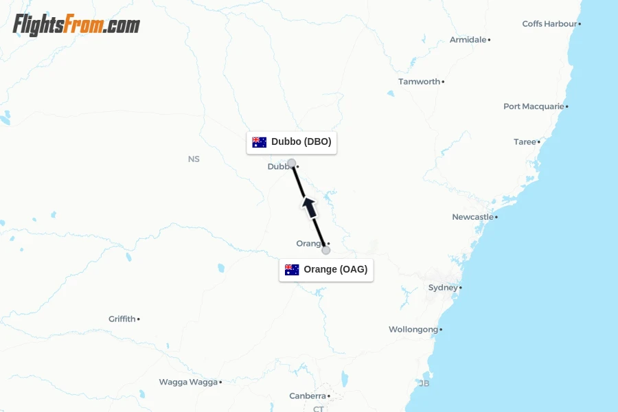 Flights from Orange to Dubbo route map