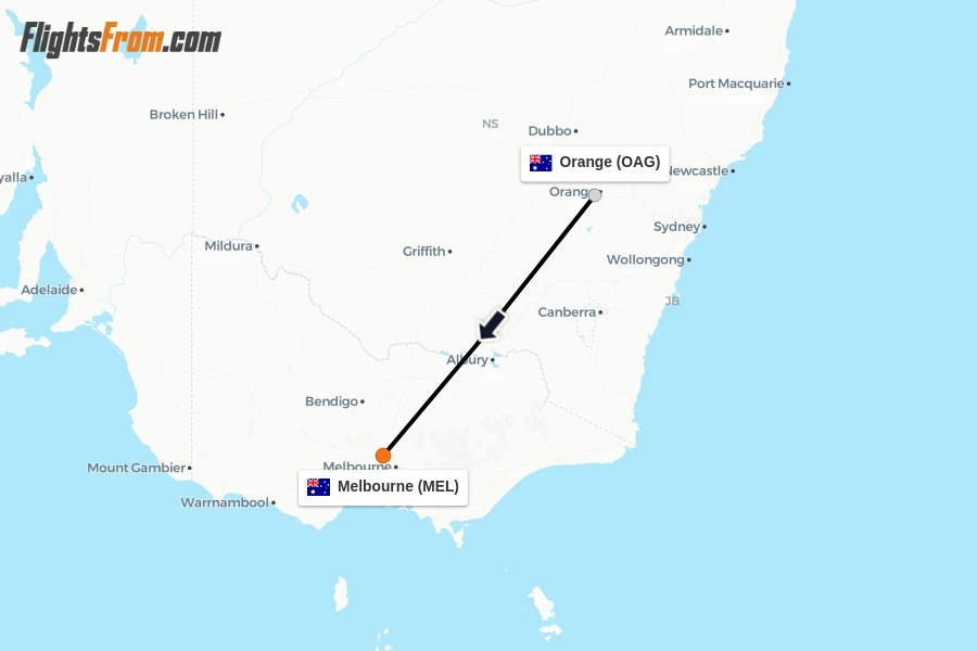 Flights from Orange to Melbourne route map