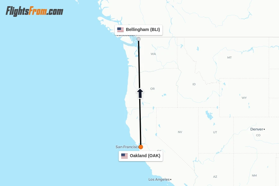 Flights from Oakland to Bellingham route map