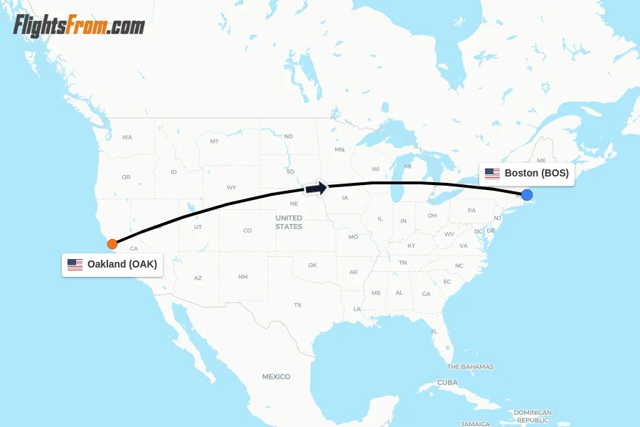 Flights from Oakland to Boston route map