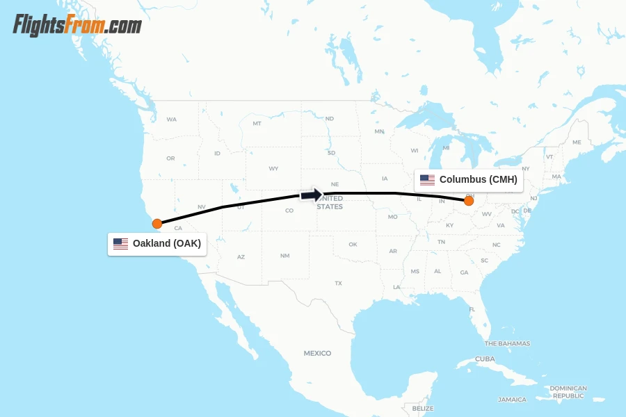 Flights from Oakland to Columbus route map