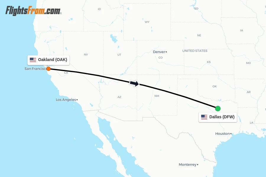 Flights from Oakland to Dallas route map