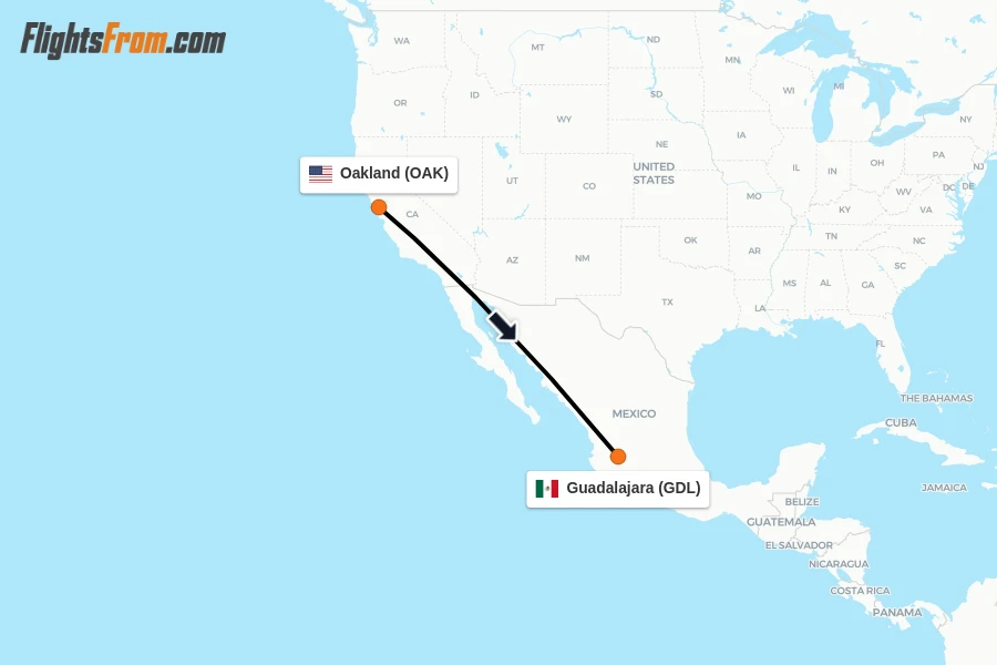 Flights from Oakland to Guadalajara route map