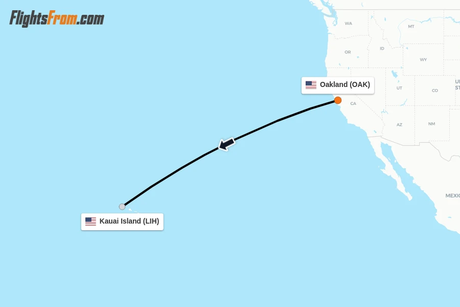 Flights from Oakland to Kauai Island route map