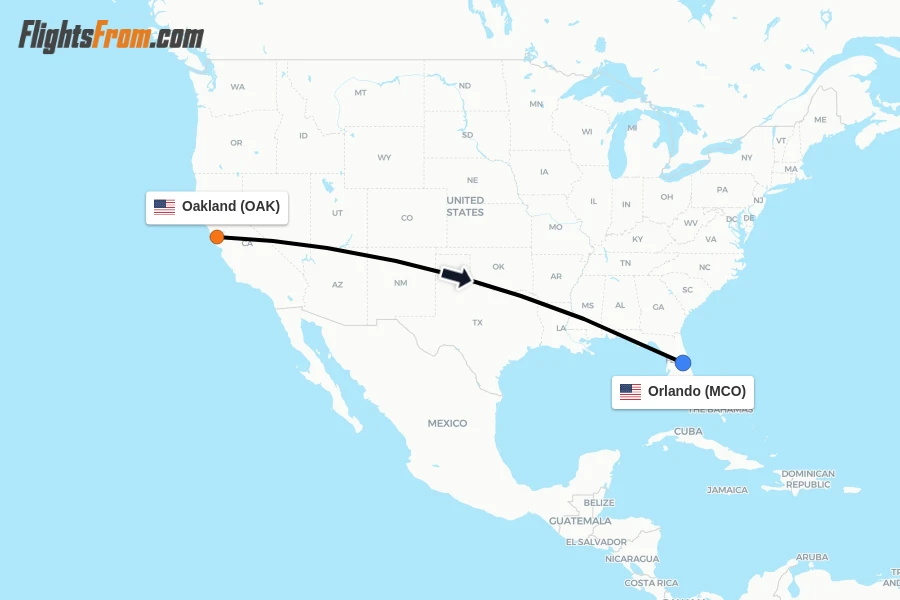 Flights from Oakland to Orlando route map
