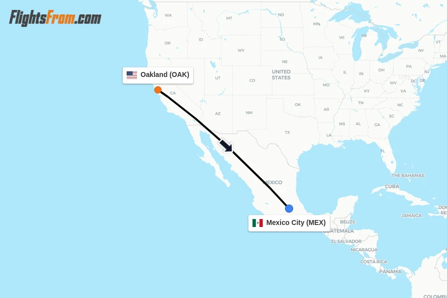 Flights from Oakland to Mexico City route map