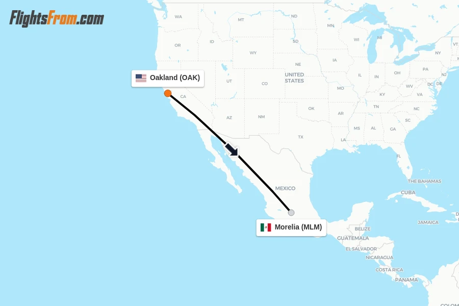 Flights from Oakland to Morelia route map