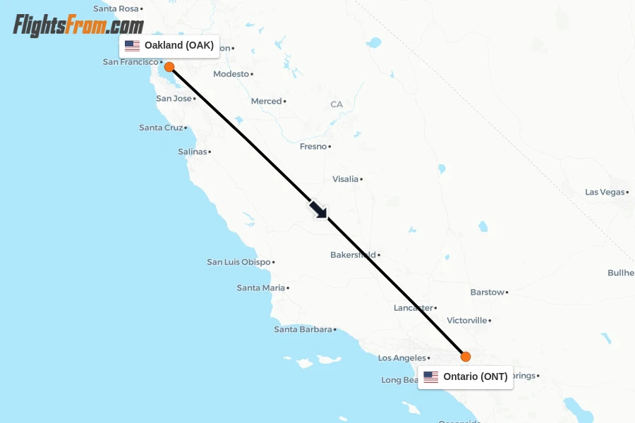 Flights from Oakland to Ontario route map