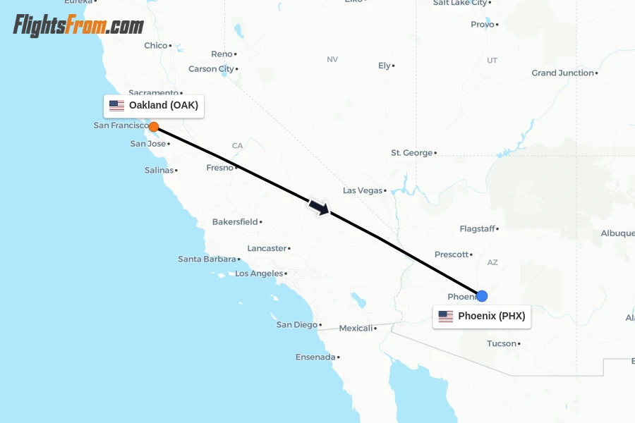 Flights from Oakland to Phoenix route map