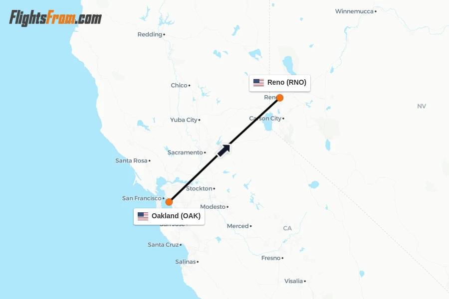 Flights from Oakland to Reno route map