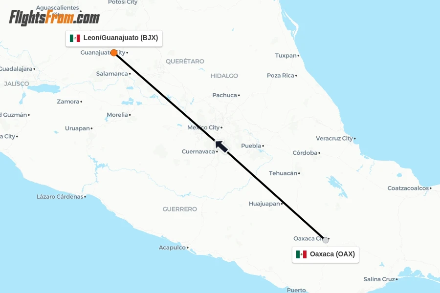 Flights from Oaxaca to Leon/Guanajuato route map