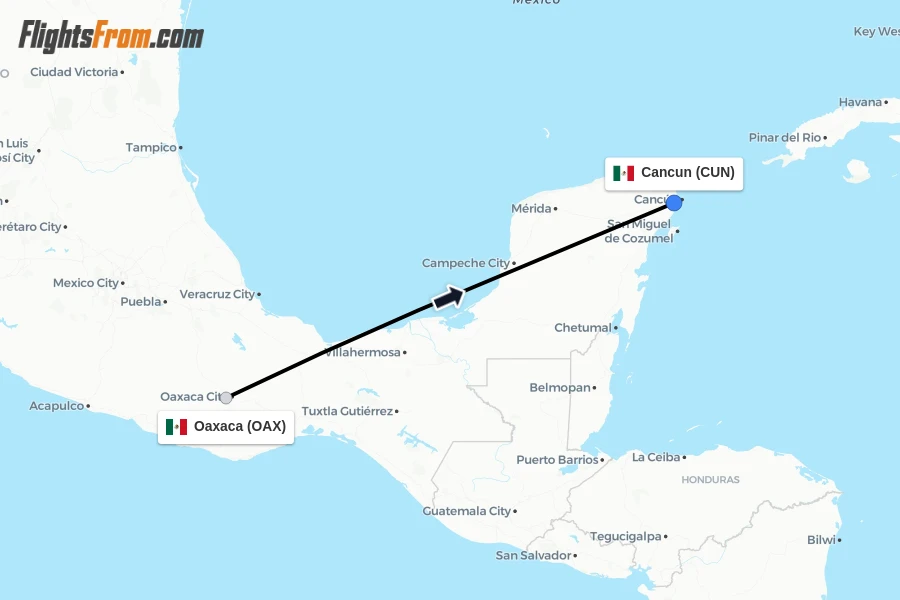 Flights from Oaxaca to Cancun route map