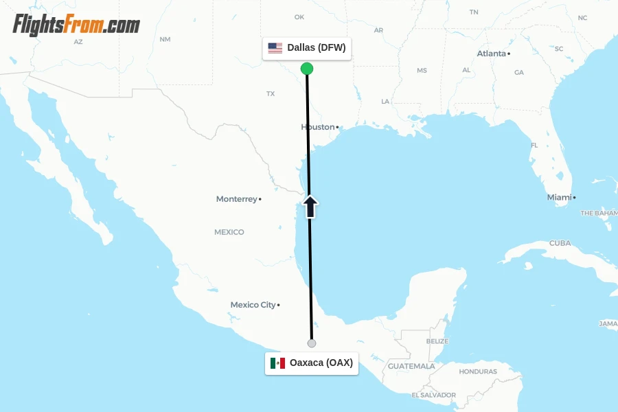 Flights from Oaxaca to Dallas route map