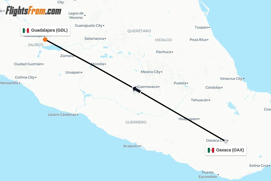 Flights from Oaxaca to Guadalajara route map