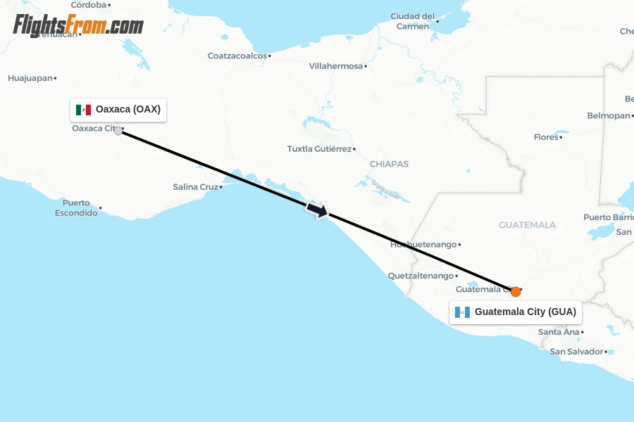 Flights from Oaxaca to Guatemala City route map