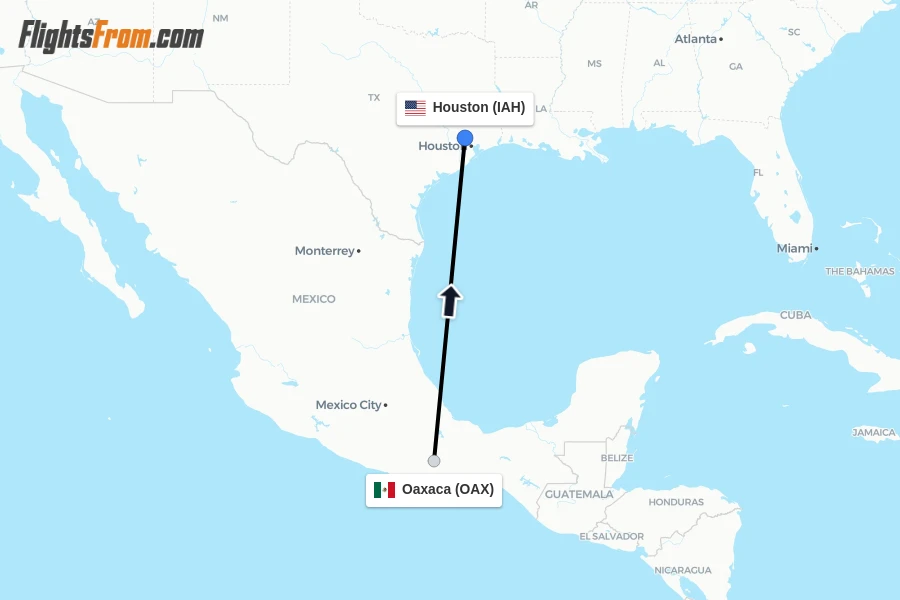 Flights from Oaxaca to Houston route map