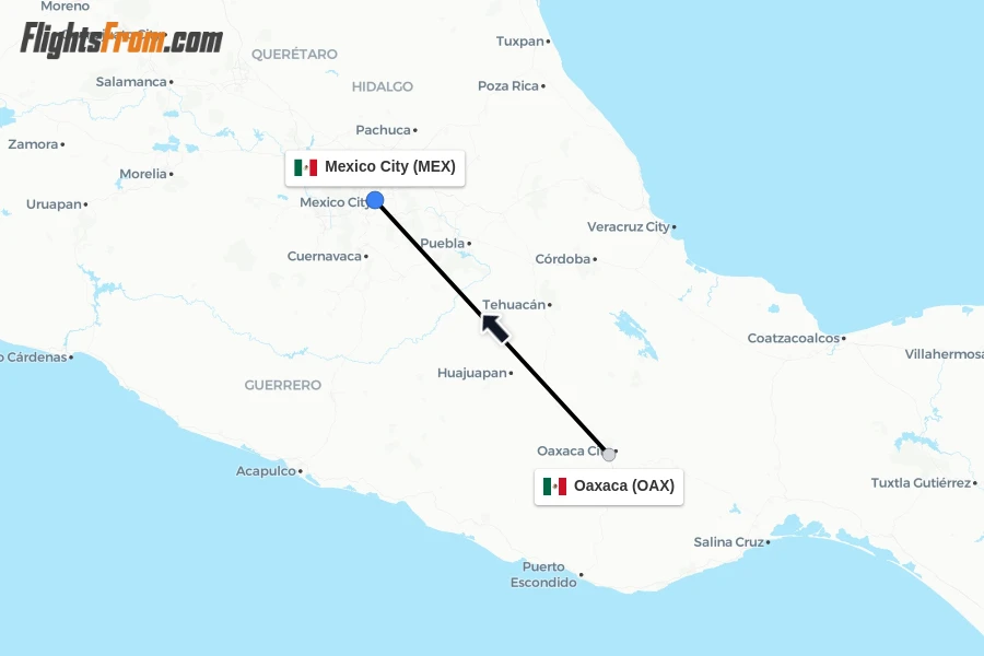 Flights from Oaxaca to Mexico City route map