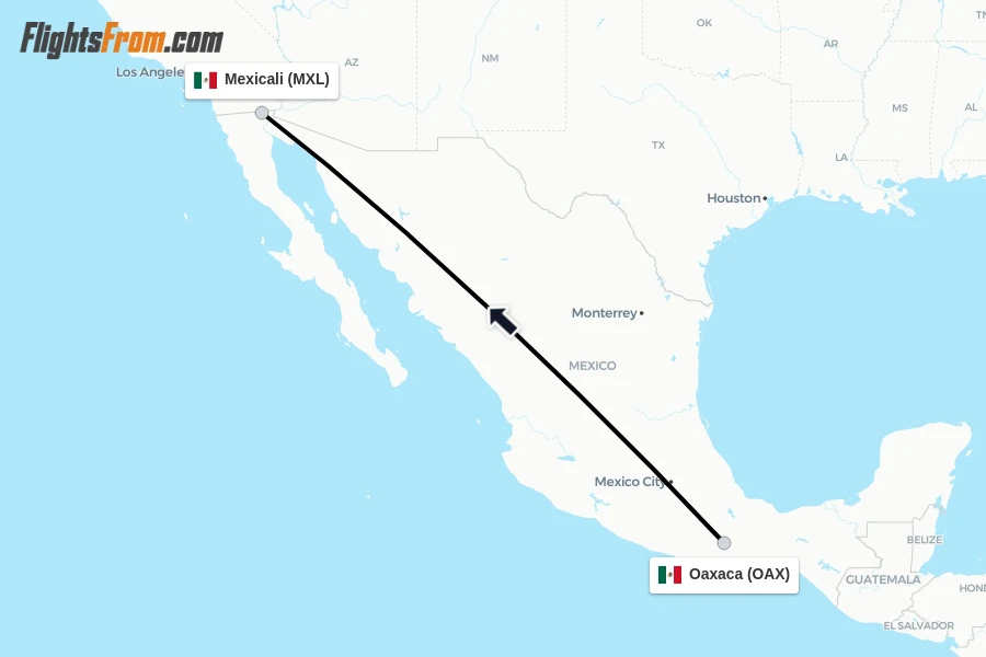 Flights from Oaxaca to Mexicali route map