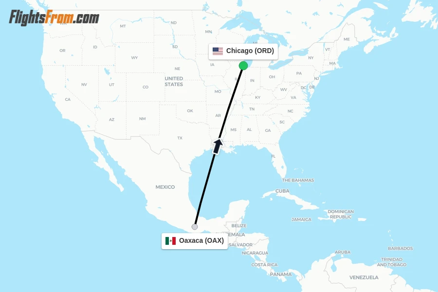 Flights from Oaxaca to Chicago route map