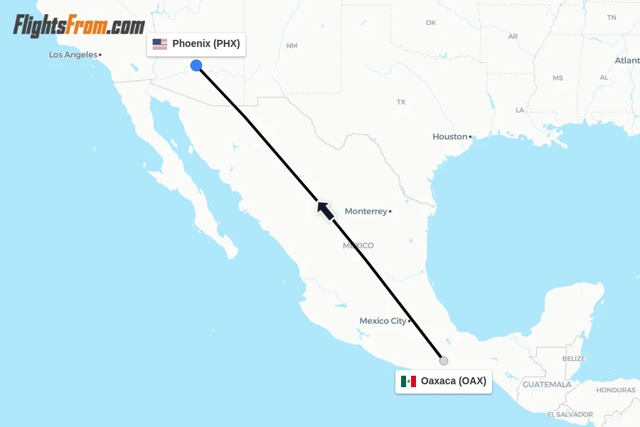 Flights from Oaxaca to Phoenix route map