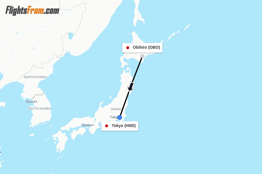 Flights from Obihiro to Tokyo route map