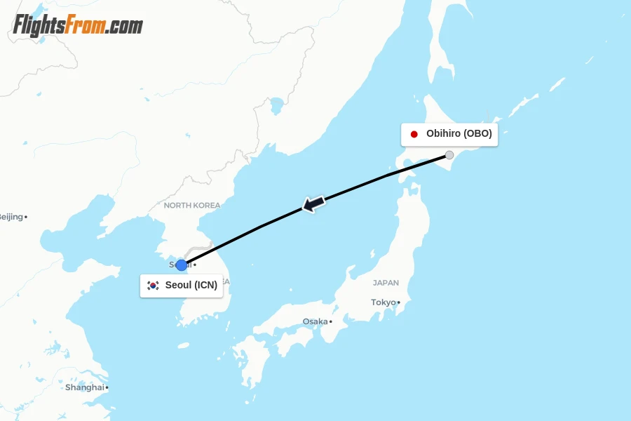 Flights from Obihiro to Seoul route map
