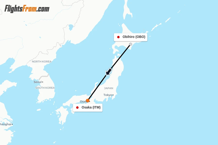 Flights from Obihiro to Osaka route map