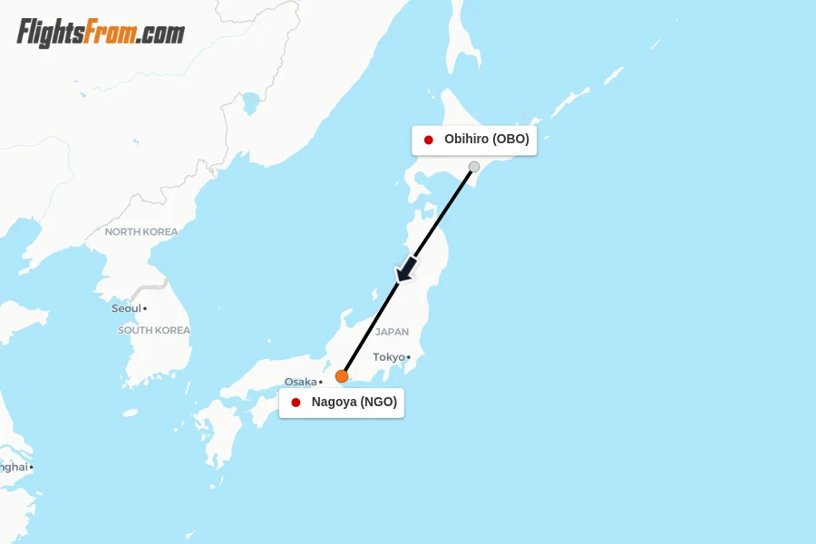 Flights from Obihiro to Nagoya route map