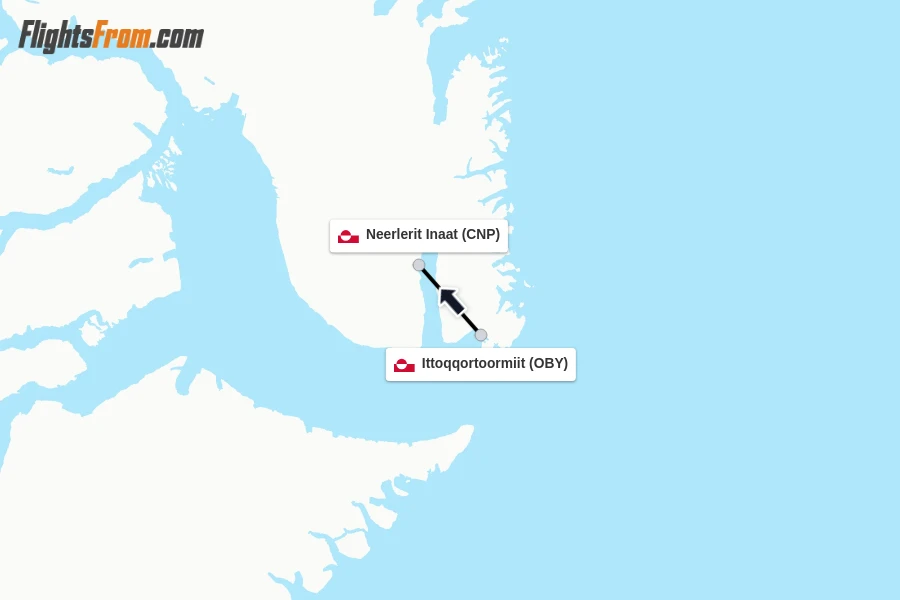 Flights from Ittoqqortoormiit to Neerlerit Inaat route map