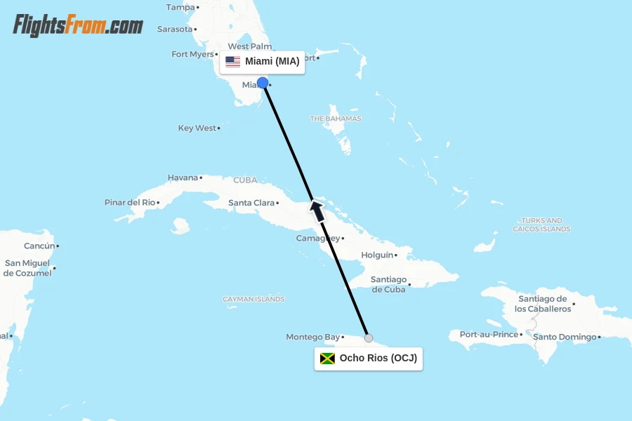 Flights from Ocho Rios to Miami route map