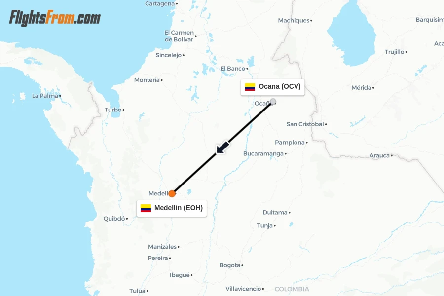 Flights from Ocana to Medellin route map