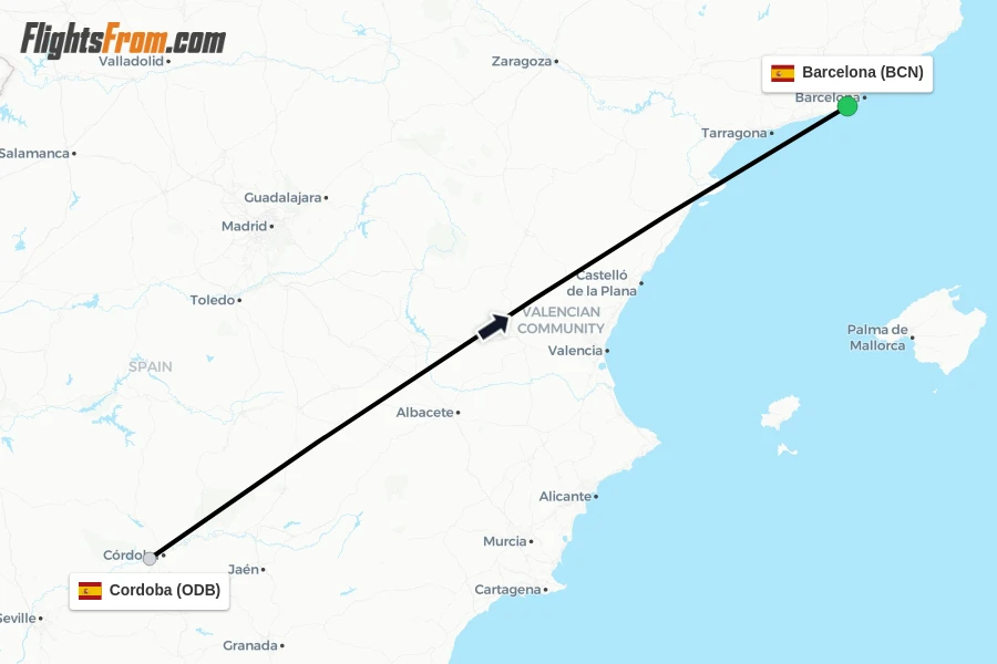 Flights from Cordoba to Barcelona route map