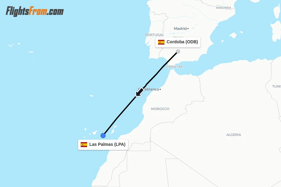 Flights from Cordoba to Las Palmas route map