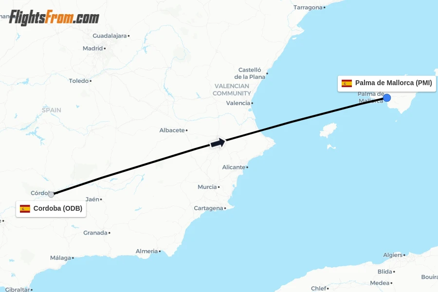 Flights from Cordoba to Palma de Mallorca route map