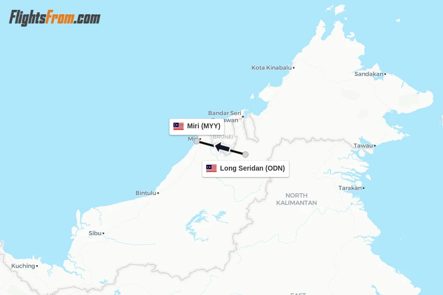 Flights from Long Seridan to Miri route map