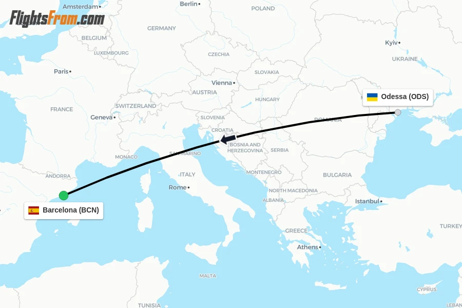 Flights from Odessa to Barcelona route map