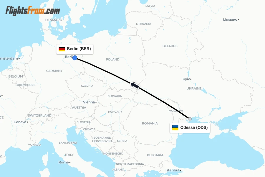 Flights from Odessa to Berlin route map