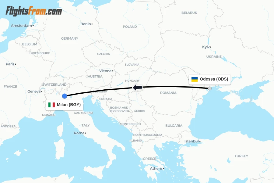 Flights from Odessa to Milan route map