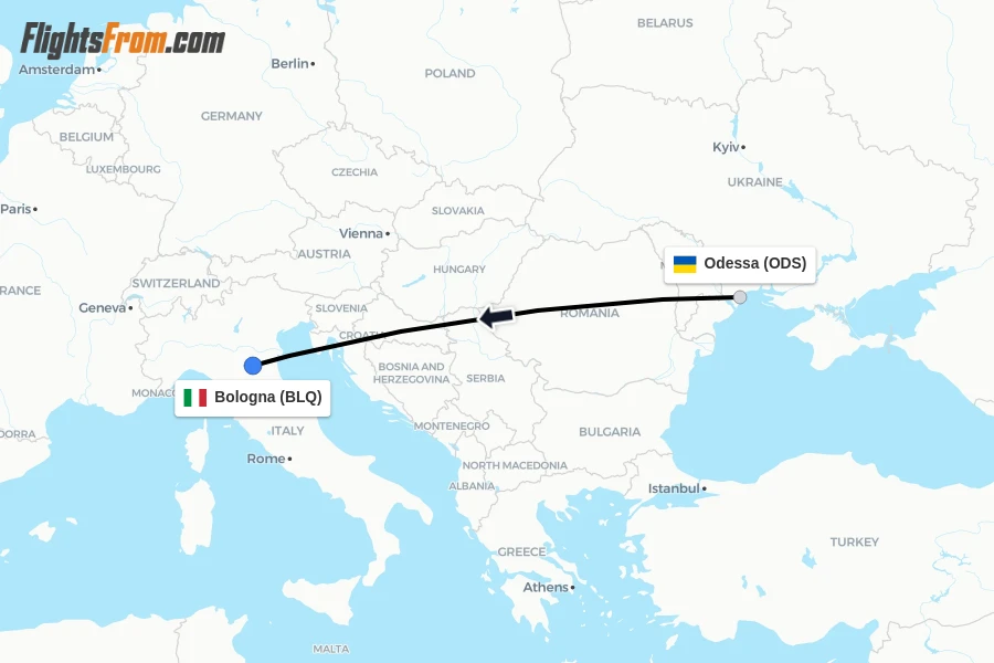 Flights from Odessa to Bologna route map