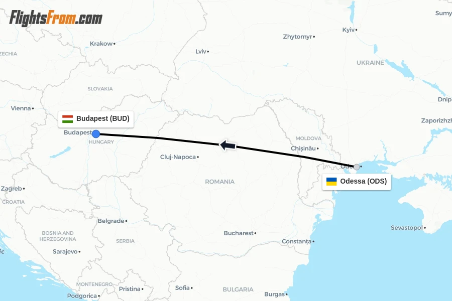 Flights from Odessa to Budapest route map