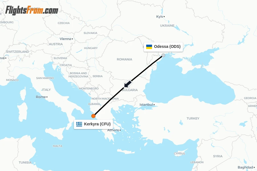 Flights from Odessa to Kerkyra route map