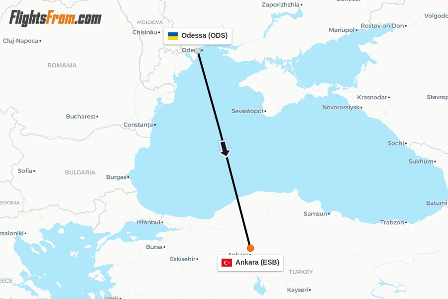 Flights from Odessa to Ankara route map