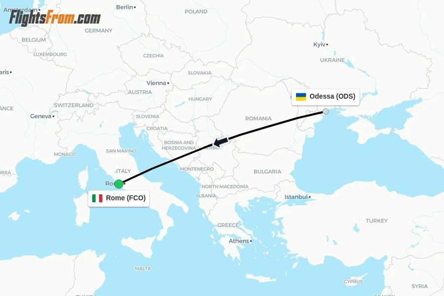 Flights from Odessa to Rome route map