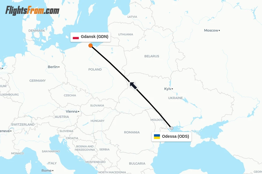 Flights from Odessa to Gdansk route map