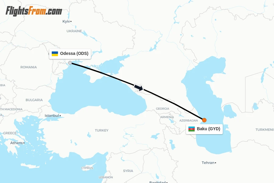 Flights from Odessa to Baku route map