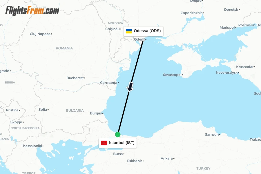 Flights from Odessa to Istanbul route map