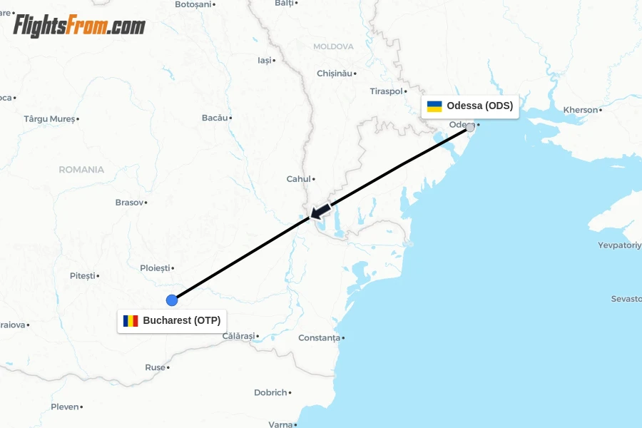Flights from Odessa to Bucharest route map
