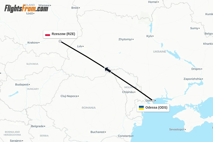 Flights from Odessa to Rzeszow route map