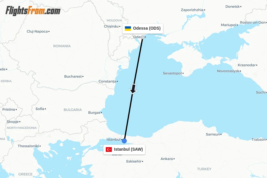 Flights from Odessa to Istanbul route map