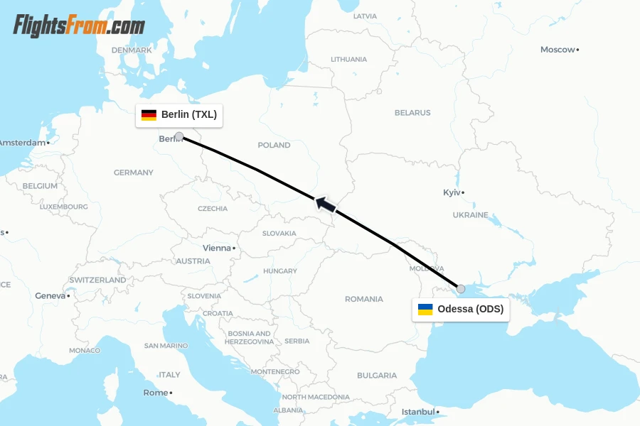 Flights from Odessa to Berlin route map